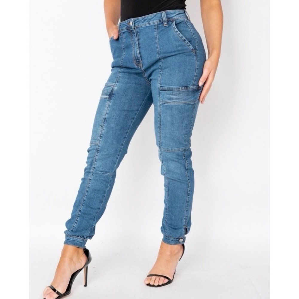 Blue High Waist Denim Jeans Cargo Utility Joggers Jogger Pants - Picture 5 of 11